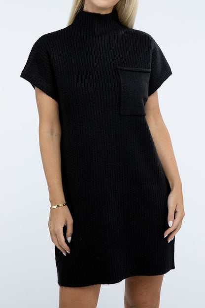 Zenana Mock Neck Short Sleeve Sweater Dress with Pocket