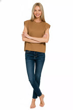 Women’s deep camel round-neck viscose sweater vest, sleeveless drape