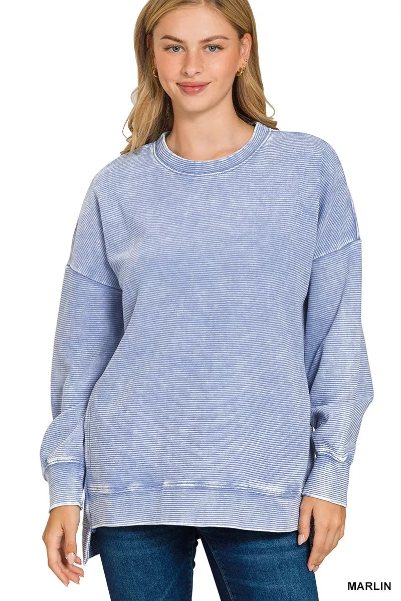 Acid Washed Double Ribbed Hi-Low Pullover – Edgy Casual Style