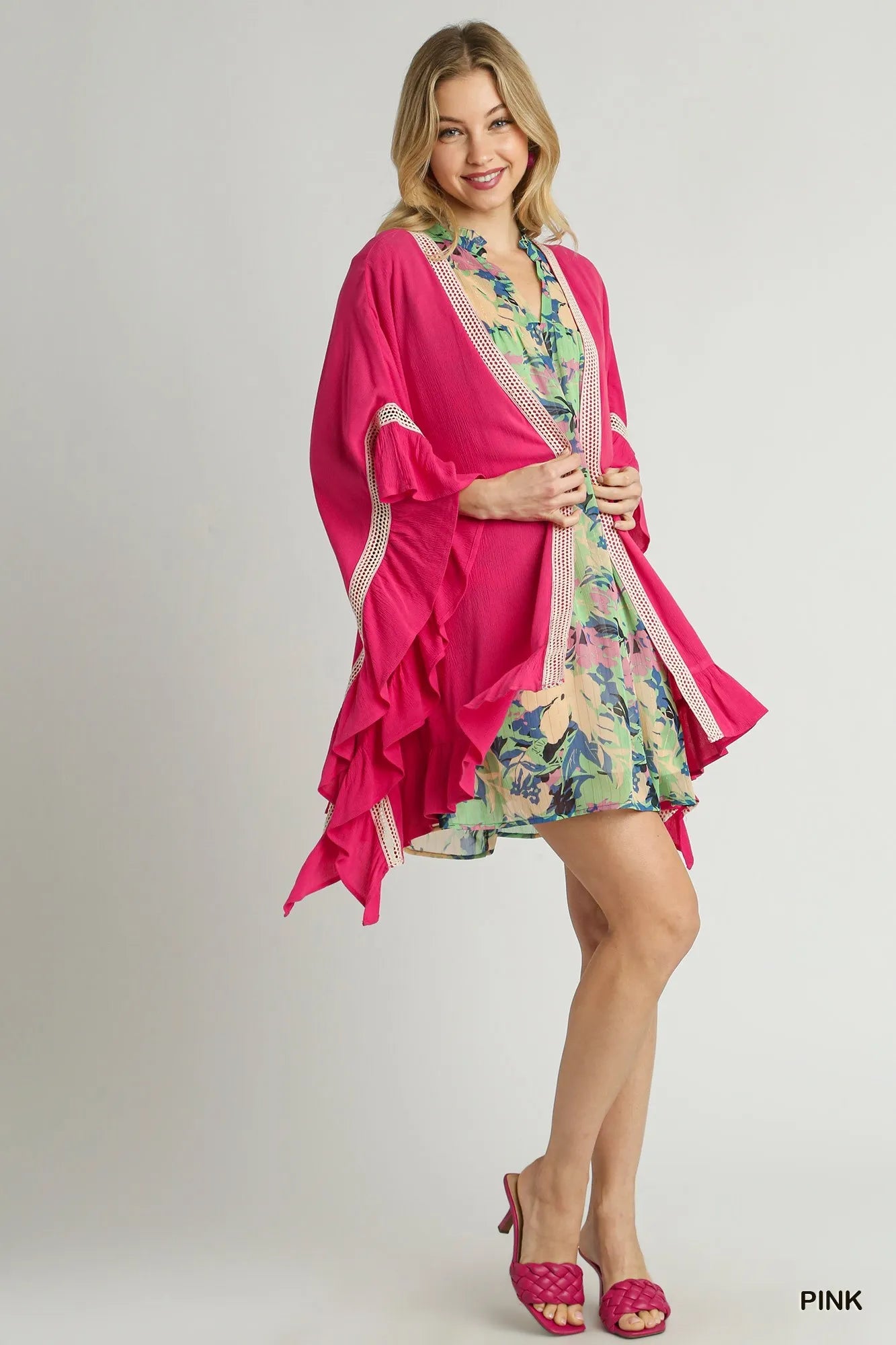 Boho Ruffle Trim Kimono with Crochet Accents Lightweight & Stylish