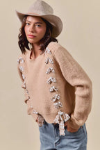 SO ME Checkered Plaid Lace Up Sweater – Trendy Ribbed Knit Style