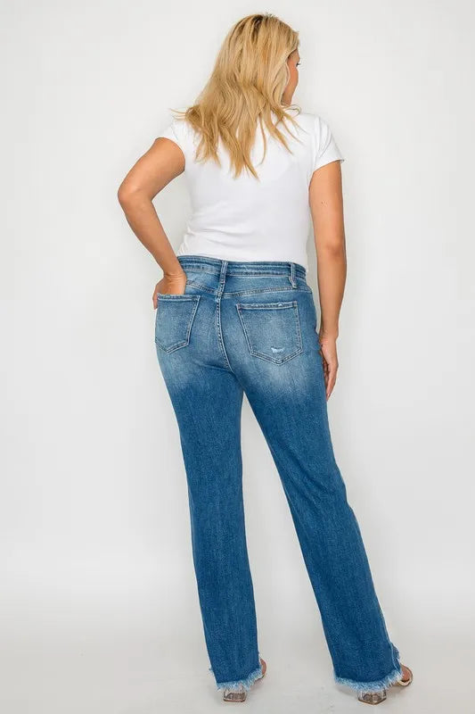Raw Hem Mid Rise Straight Jeans – Distressed, Flattering & Timeless