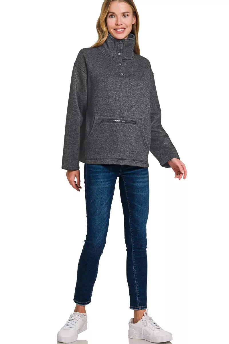 Zenana Fleece Washed High Neck Sweatshirt – Cozy Style with Kangaroo Pocket