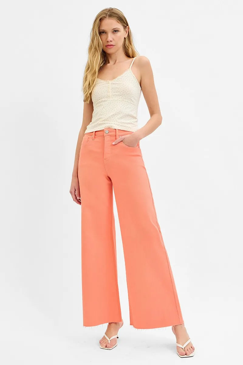 Coral Pink Wide Leg Jeans – High Waist Stretch Denim