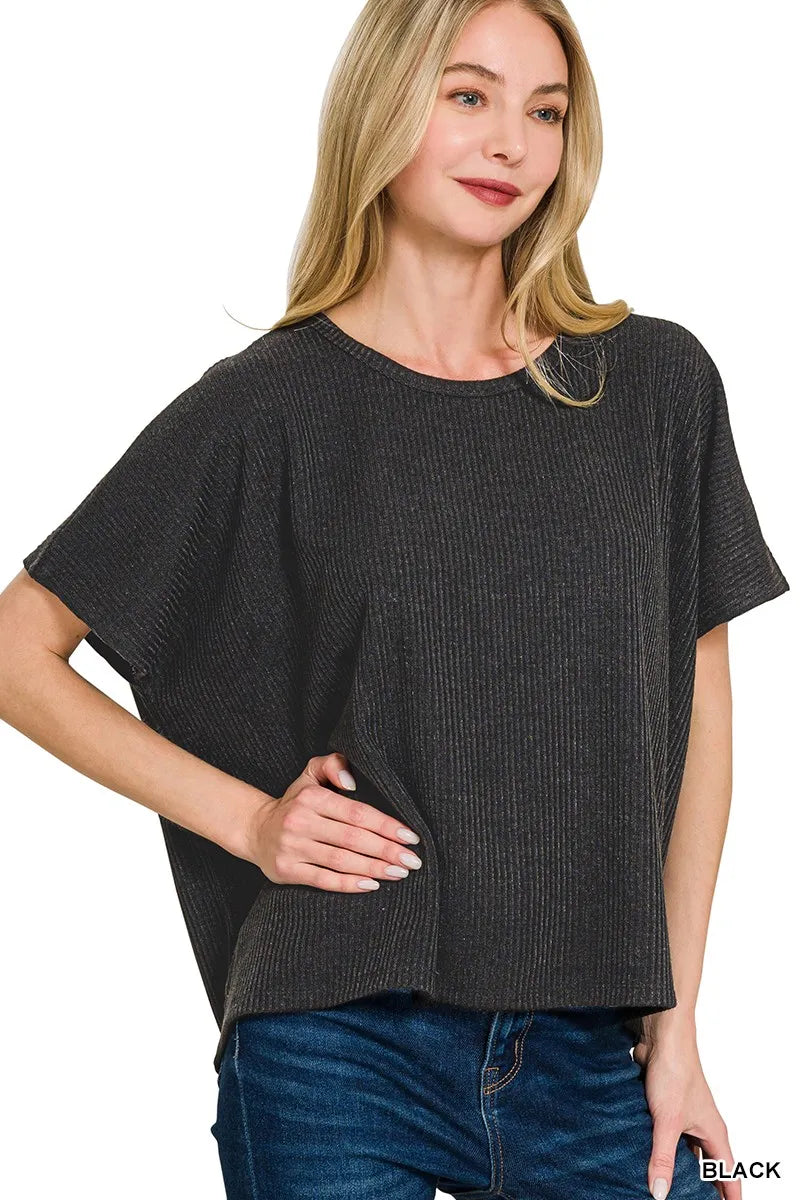 Ribbed Knit Short Sleeve Pullover – Relaxed Fit & Everyday Comfort