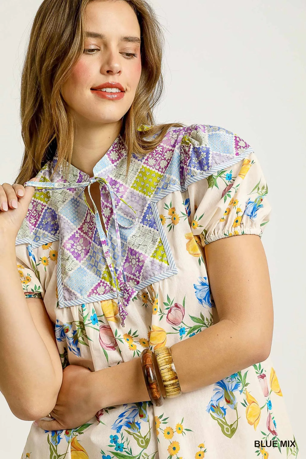 Floral Tie Neck Puff Sleeve Dress Vintage-Inspired Elegance