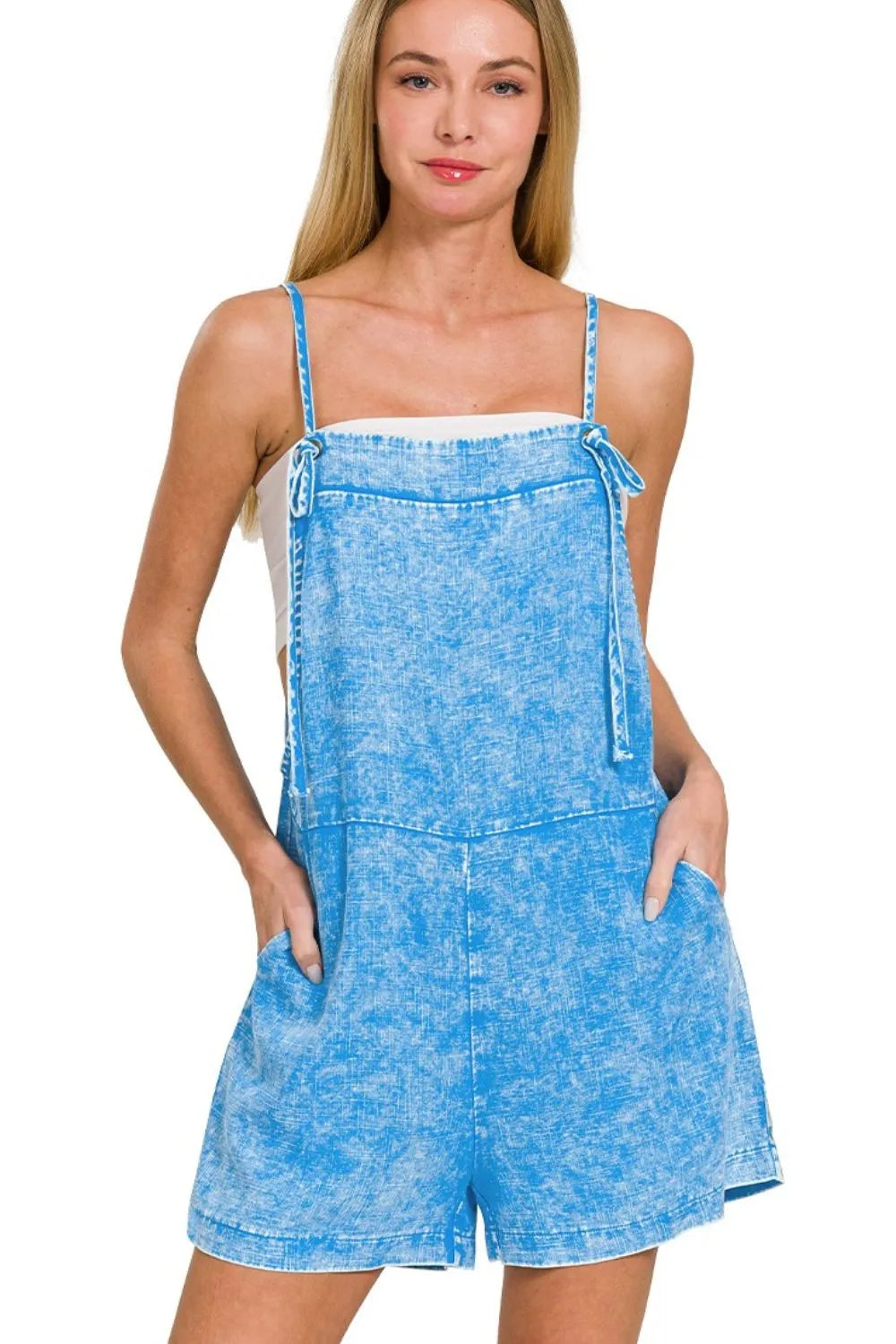 Deep Sky Cotton Romper – Vintage Wash, Pockets & Adjustable Straps