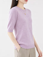Dusty lavender round-neck short-sleeve sweater with ribbed neckline and hem