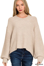 Sand Beige Oversized Pullover Sweater – Cropped Knit with Balloon Sleeves