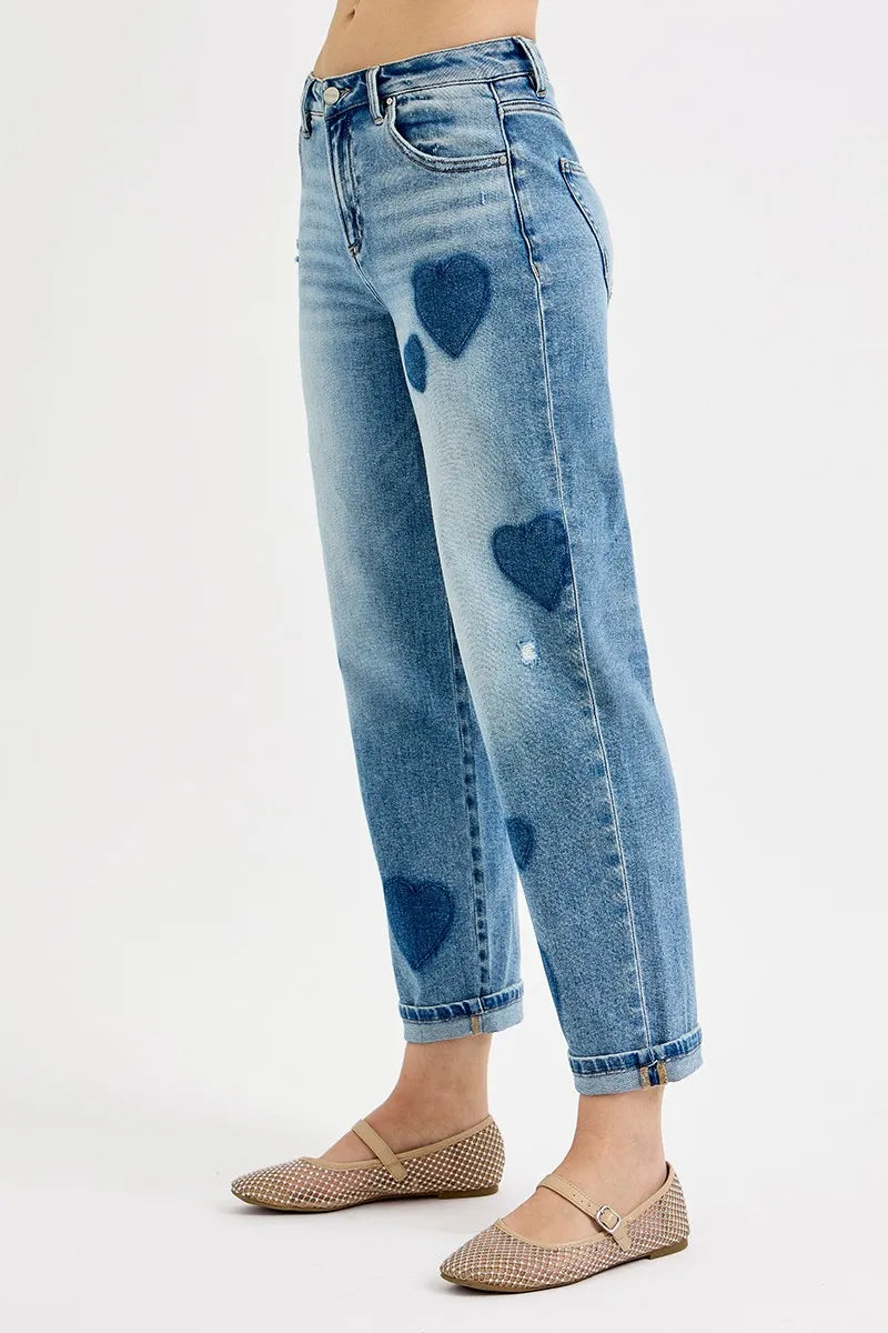 Heart Print Boyfriend Jeans – Light Wash Relaxed Fit Denim