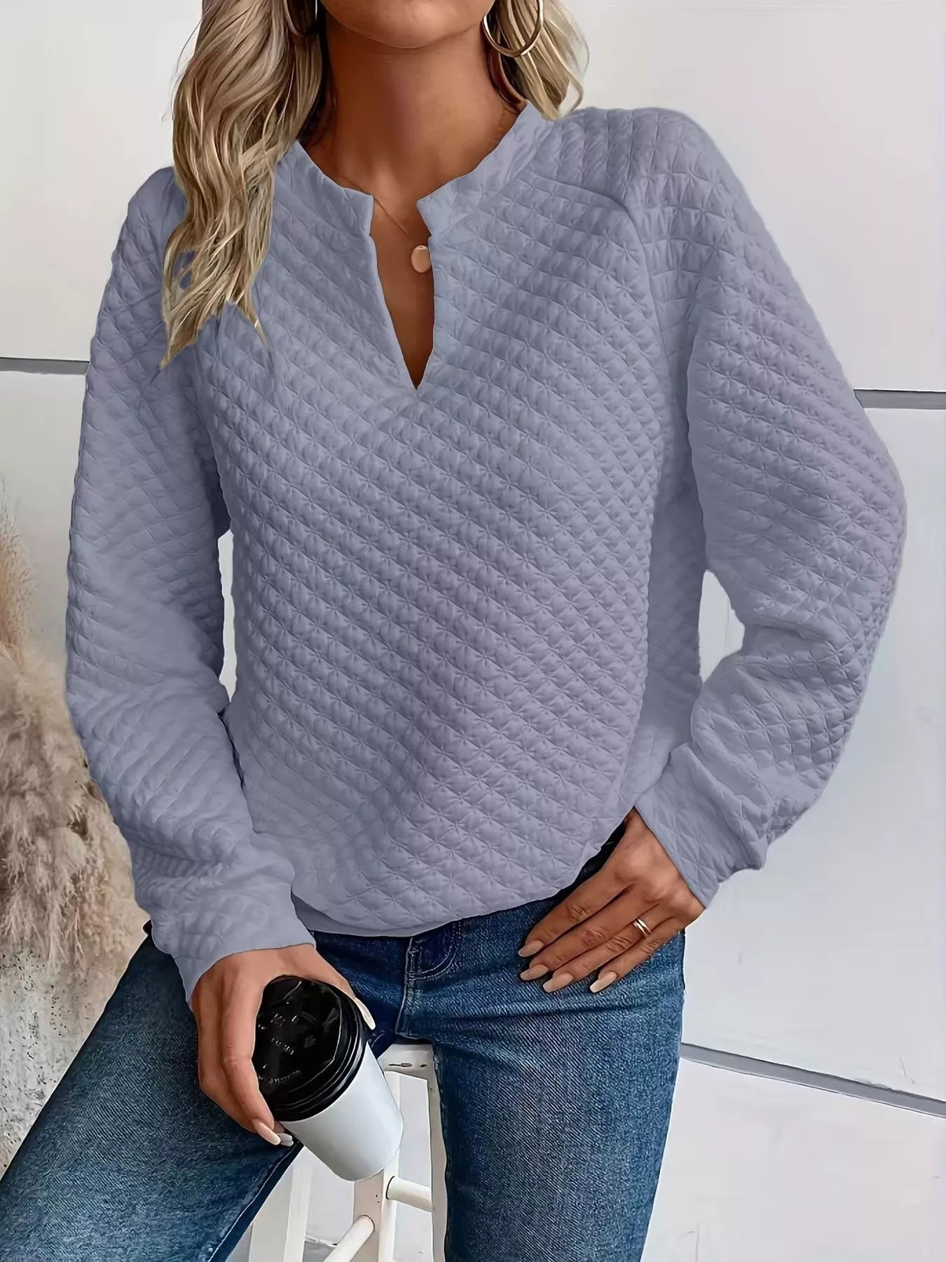 Notched Raglan Sleeve Sweatshirt – Casual Cozy Pullover