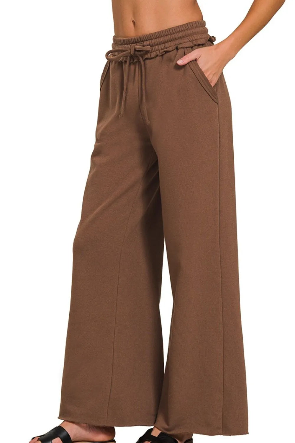 Brown Wide Leg Lounge Pants – Knit, Drawstring Waist & Side Pockets