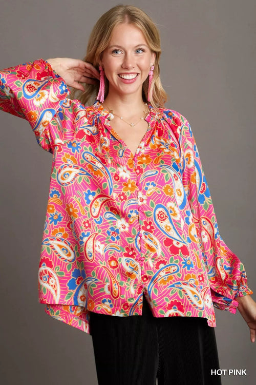 Satin Paisley Shirt – Vibrant Boho Ruffle Neck Blouse