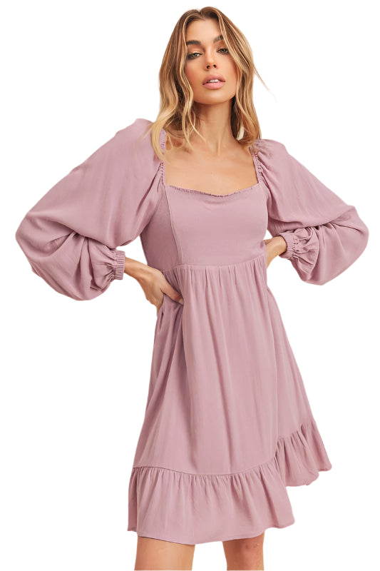 Aemi + Co Ruffled Hem Square Neck Balloon Sleeve Mini Dress