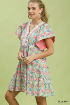 Floral blue mix mini dress with V-neck and tiered ruffle hem, short flutter sleeves