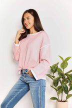 Contrast Detail Knit Pullover with Boat Neck Dropped Shoulders
