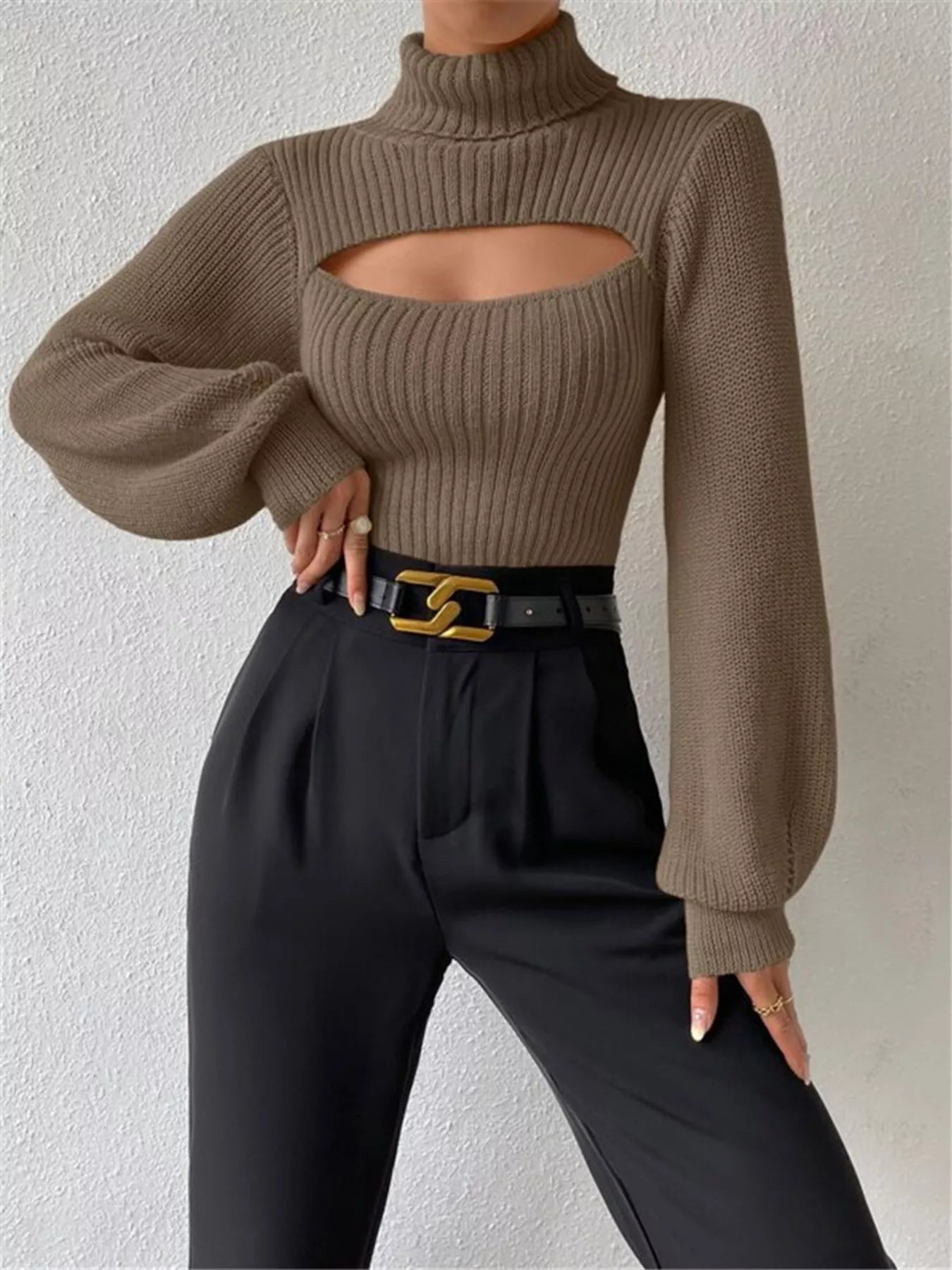 Cutout Front Turtleneck Long Sleeve Sweater – Chic Modern Knit