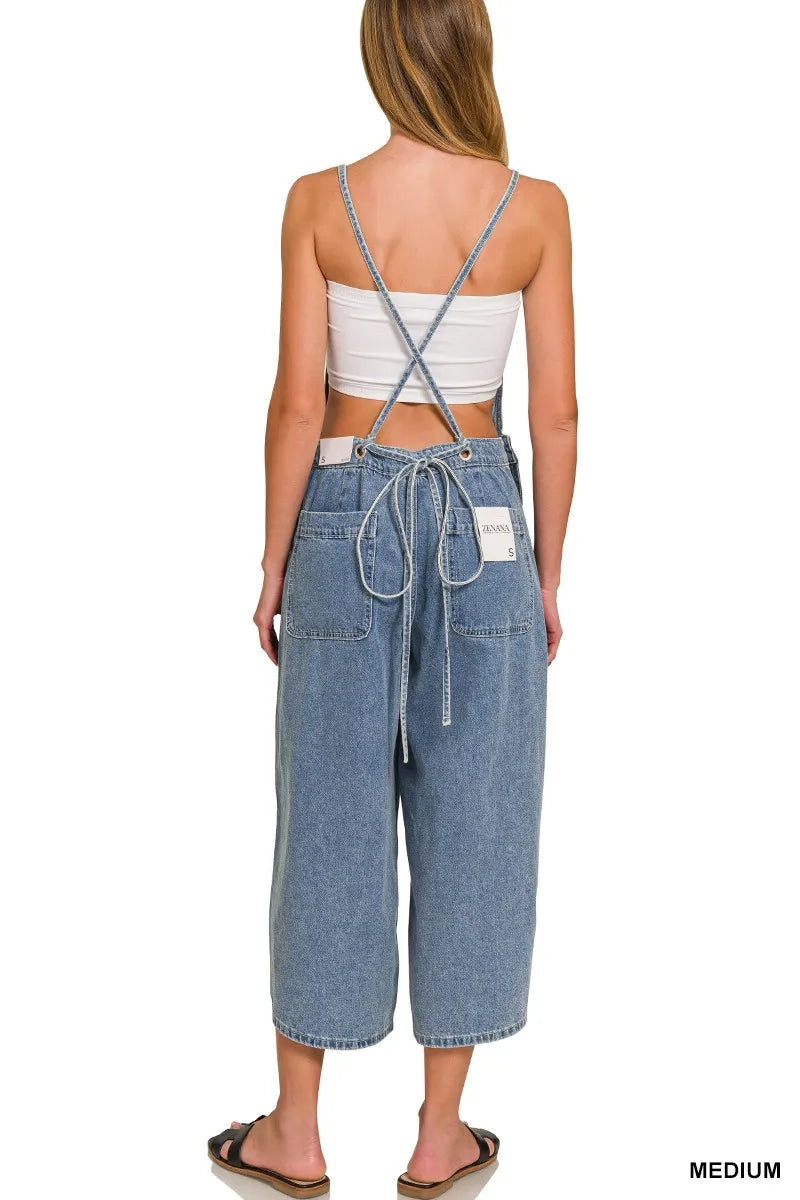 Medium Washed Wide Leg Denim Overalls | Women’s Retro Casual Jeans