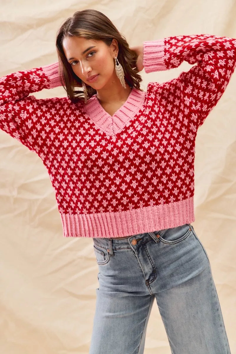 Color Block Textured Christmas Sweater V-Neck