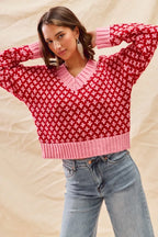 Color Block Textured Christmas Sweater V-Neck