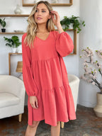 V-Neck Balloon Sleeve Tiered Dress – Flowy, Chic & With Pockets