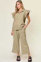 Ruffle sleeve top and wide-leg pants set, khaki olive knit