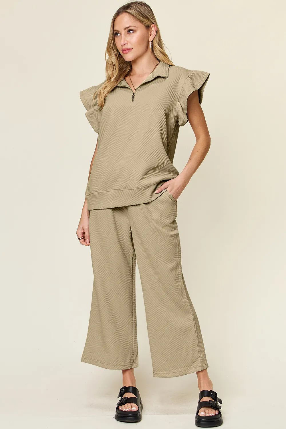 Ruffle Sleeve Top & Wide-Leg Pants Set – Chic, Comfy & Effortless