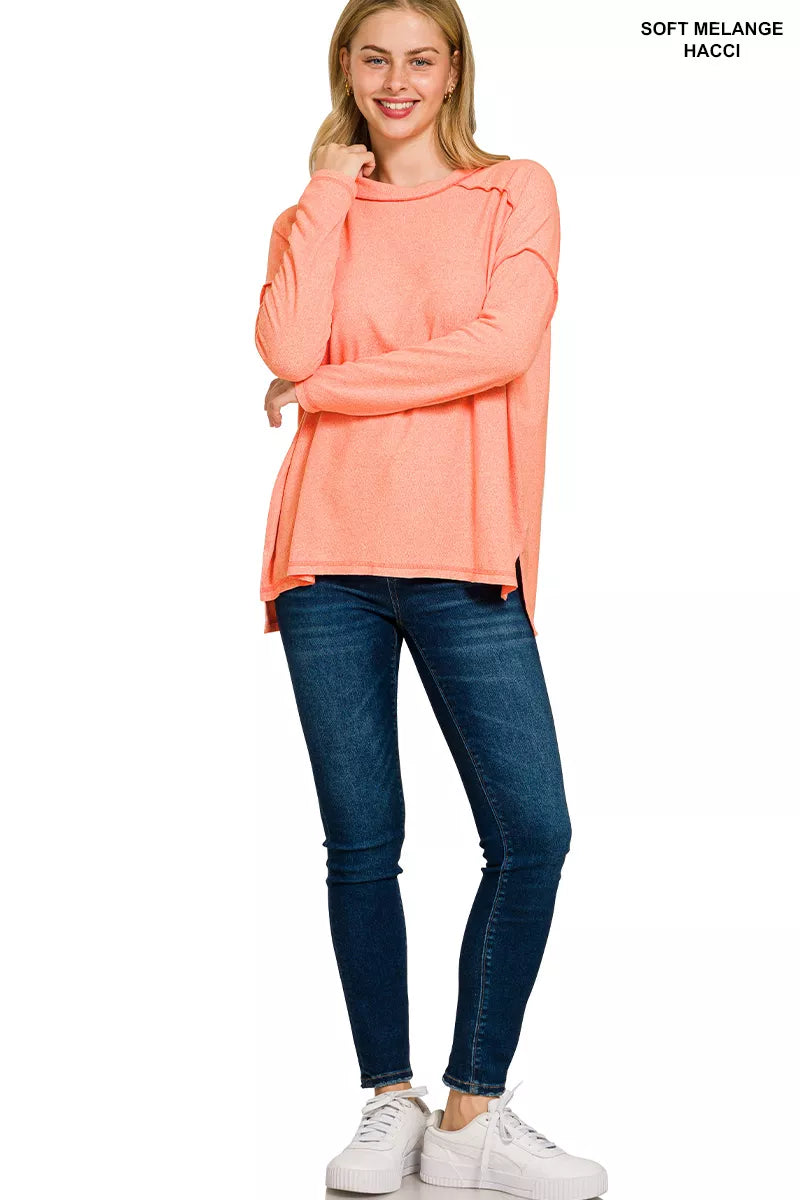 Zenana Soft Melange Hacci Exposed Seam Hi-Low Tee – Effortless Casual Chic