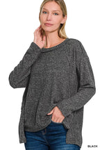 Zenana Brushed Hacci Exposed Seam Hi-Low Sweater – Charcoal Gray