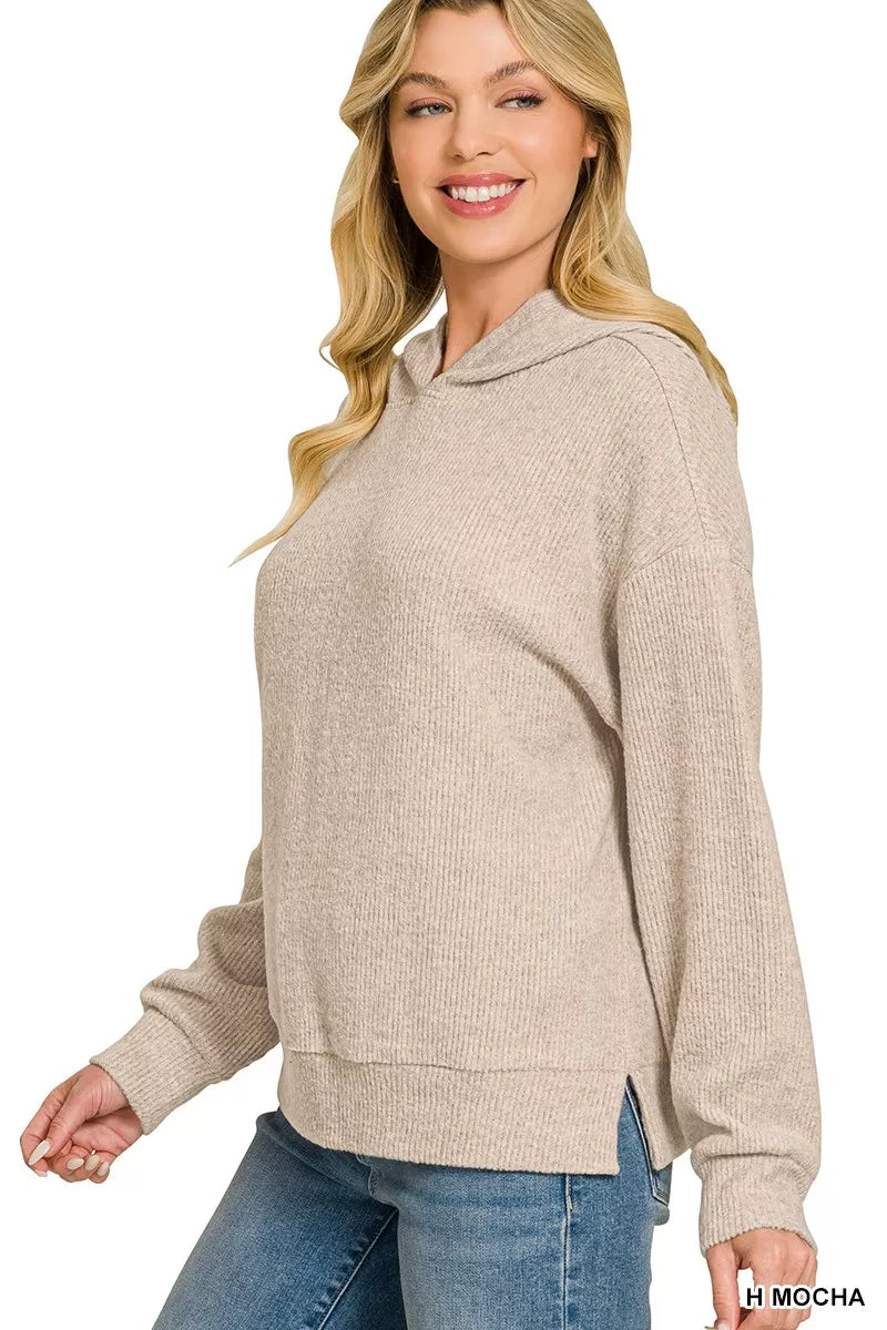 Women’s mocha knit hoodie pullover with kangaroo pocket, ribbed cuffs, and hood