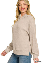 Women’s mocha knit hoodie pullover with kangaroo pocket, ribbed cuffs, and hood