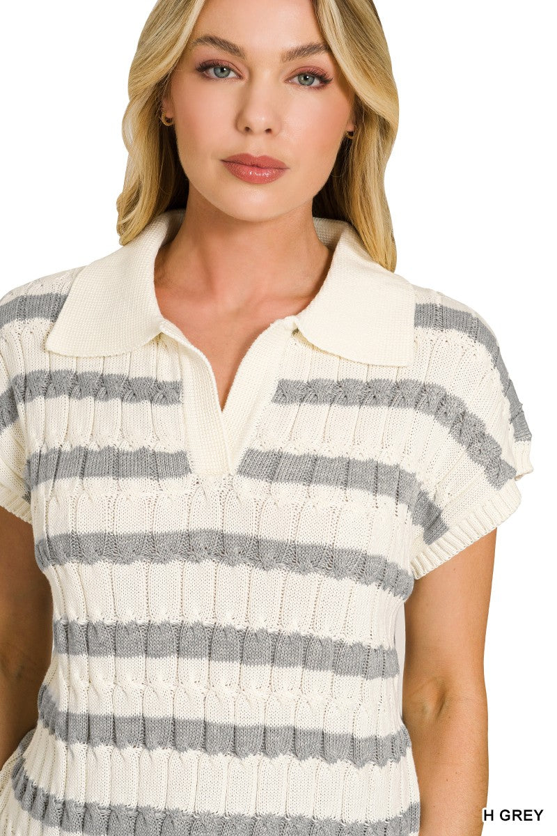 Collared knit sweater vest in cream with gray stripes, partial button placket