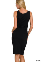 Black sleeveless bodycon midi dress, back view with fitted silhouette