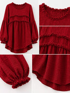 Red peplum blouse detail collage: frayed neckline, cuffs, and layered ruffle tiers