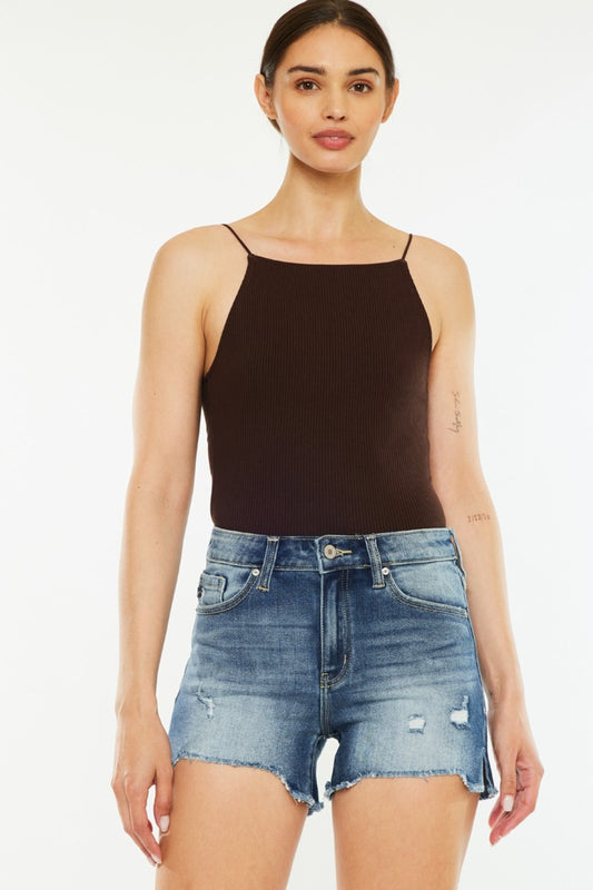 Kan Can High Waist Raw Hem Denim Shorts