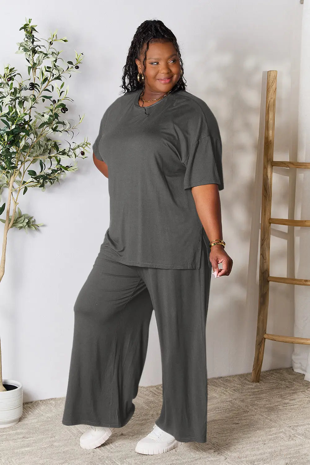 Chic Round Neck Slit Top & Pants Set – Stylish, Comfy & Versatile