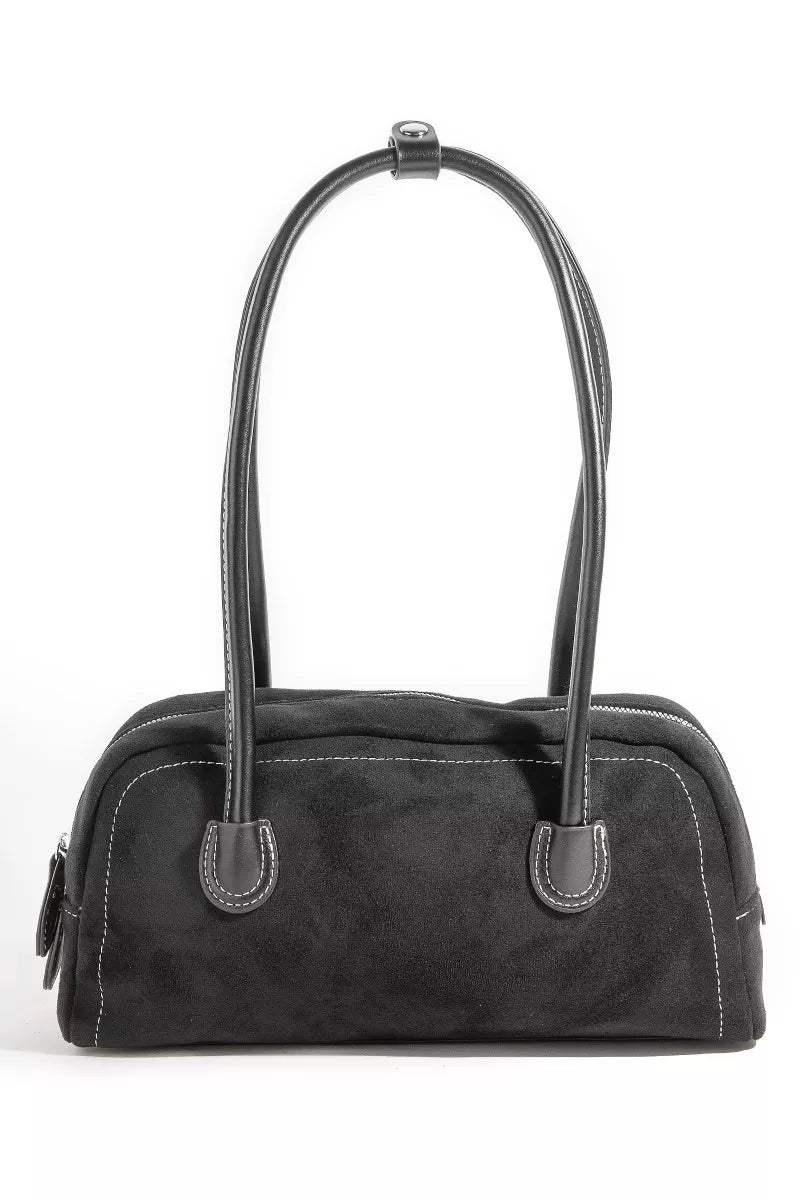 Black faux suede baguette hand bag with top handles and metal ring detail