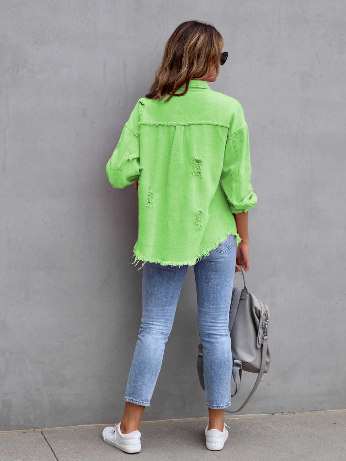 Distressed Drop Shoulder Denim Jacket – Casual Oversized Style