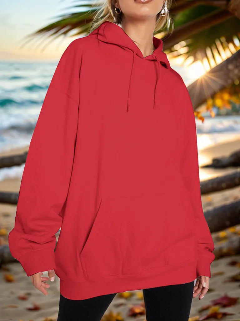 Red drawstring dropped-shoulder hoodie with hood and front kangaroo pocket.