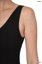 Black ribbed seamless sports romper, scoop neckline and thin shoulder strap