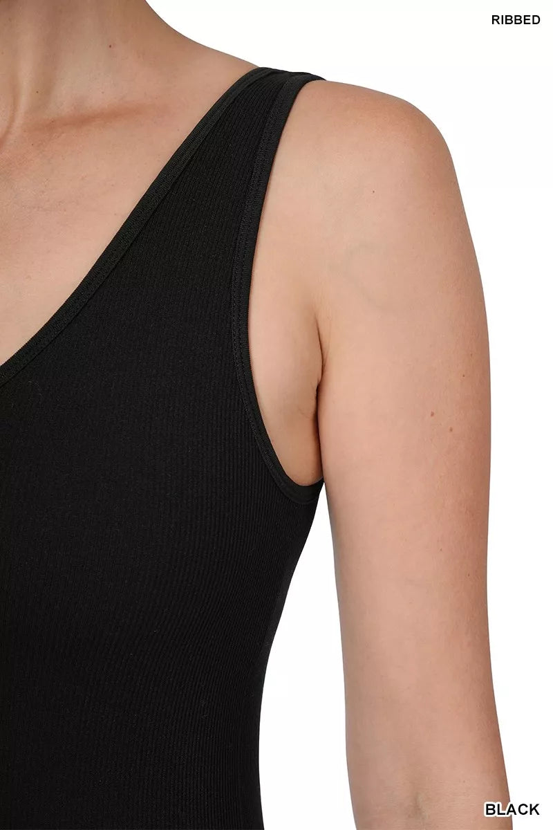 Black ribbed seamless sports romper, scoop neckline and thin shoulder strap