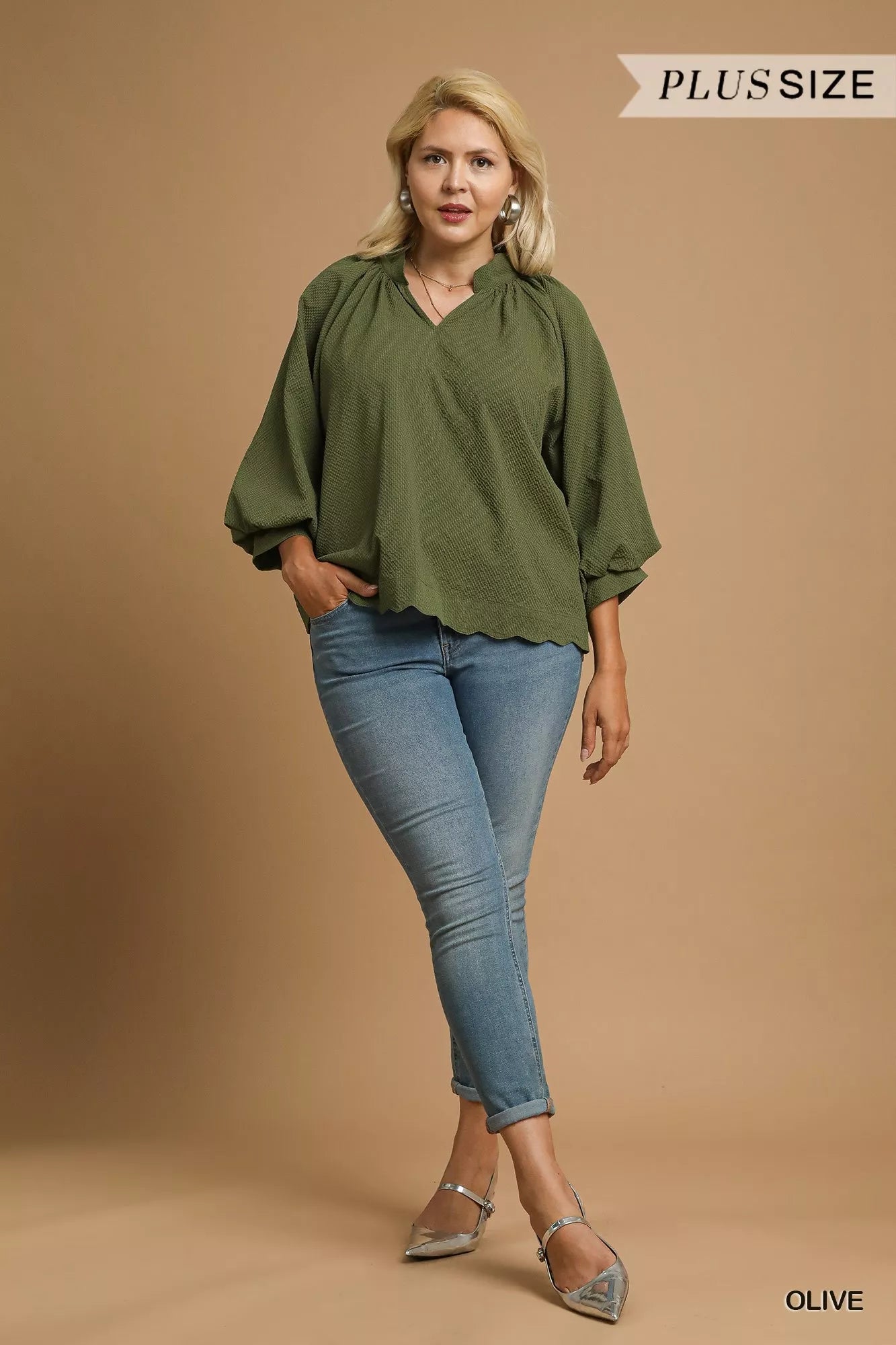 Textured Notched Balloon Sleeve Blouse Plus Size Women’s Top