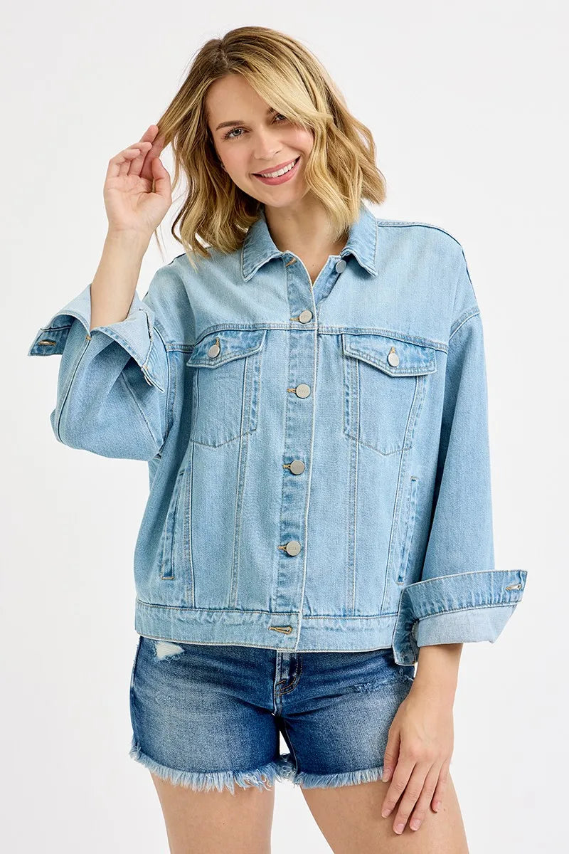 Oversized Light Wash Denim Jacket – Trendy Boyfriend Fit Layering Piece