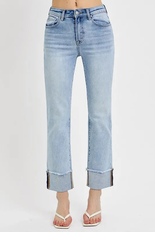 Dreamkue-Risen Women’s High Rise Straight Leg Cuffed Relaxed Fit Jeans Casual Stretch Denim Pants