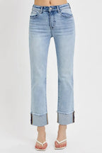 Dreamkue-Risen Women’s High Rise Straight Leg Cuffed Relaxed Fit Jeans Casual Stretch Denim Pants