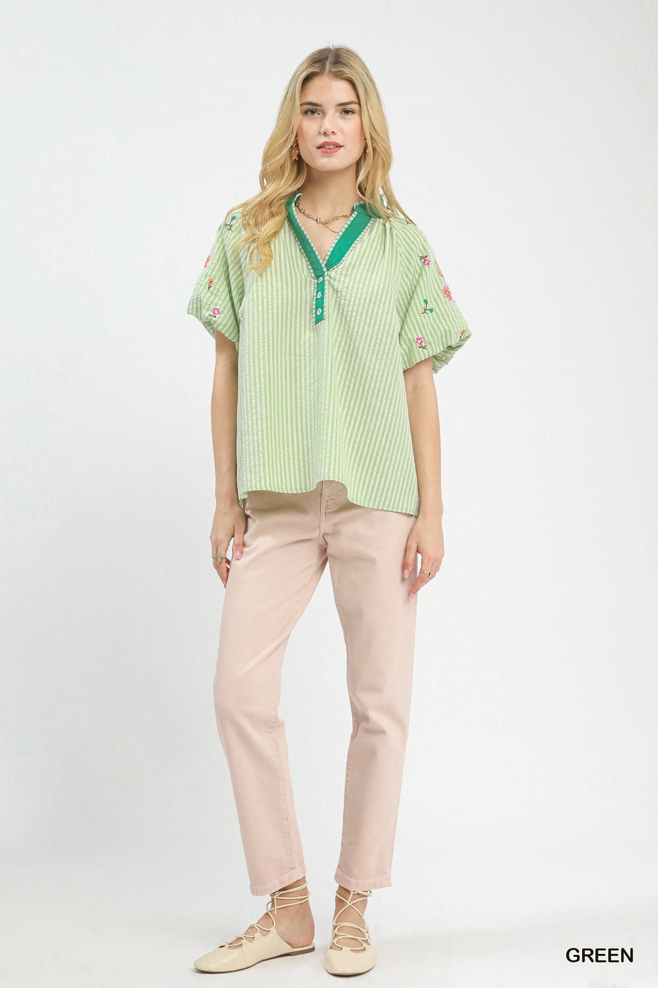 Green striped dolman top with embroidered puff sleeves and tassel V-neck