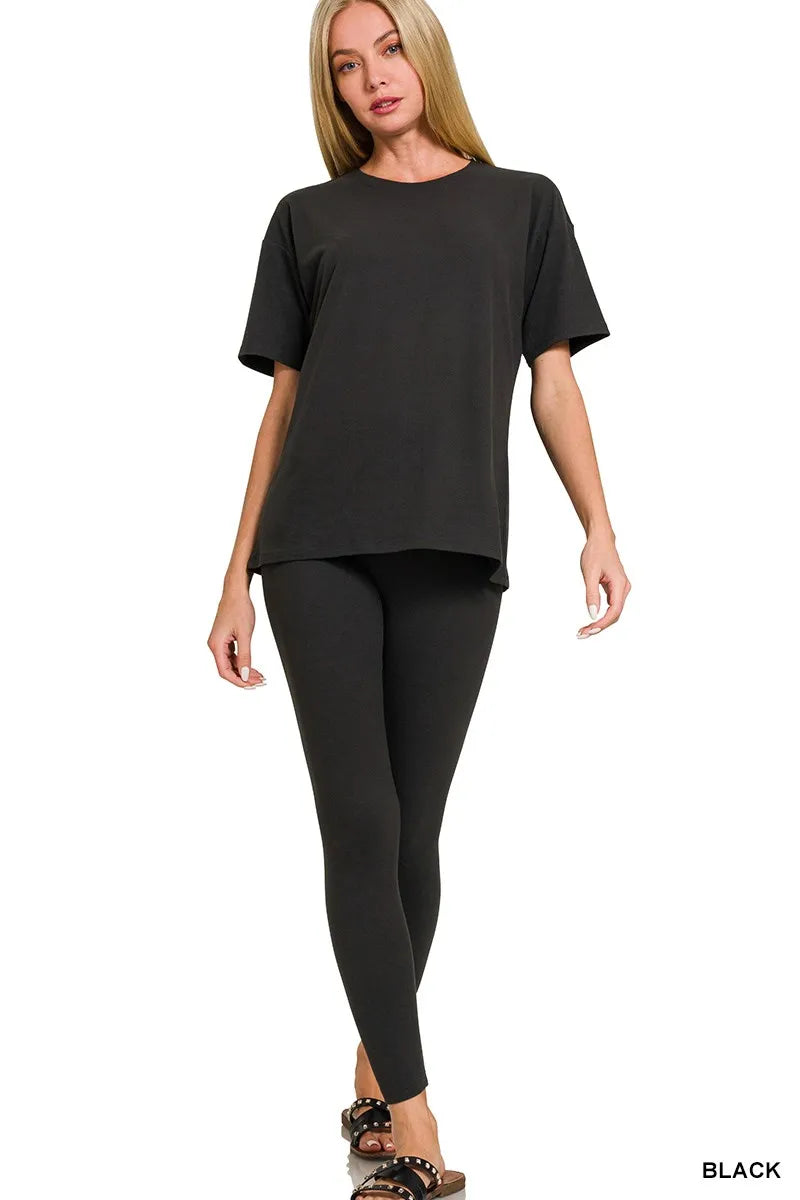 Plus size black short-sleeve loungewear top and slim pants set