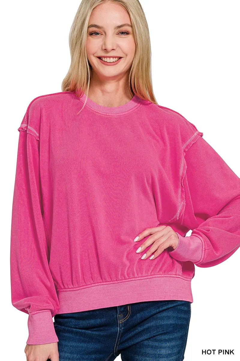 Zenana Soft Fleece Pigment Dye Round Neck Pullover