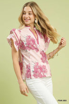 Floral V-neck blouse with flutter sleeves and pink mix blossoms