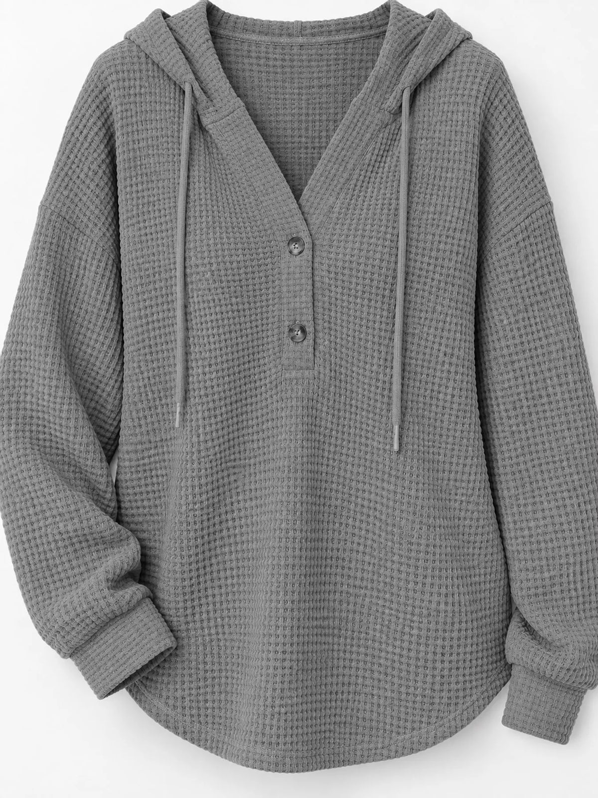 Gray waffle-knit button hoodie detail with hood drawstrings and three front buttons
